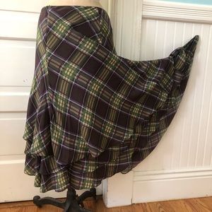 Bias cut silk plaid ruffle skirt
